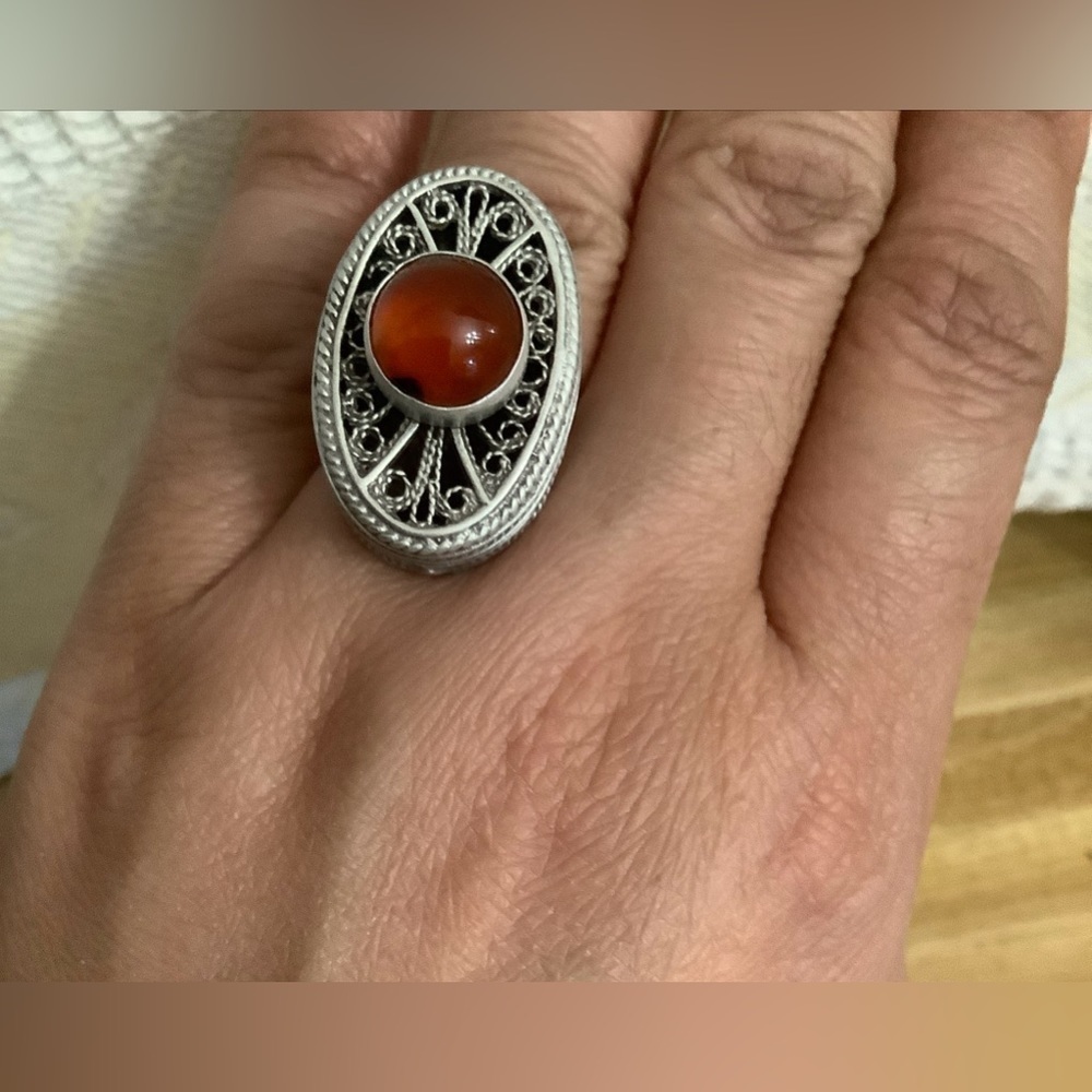 Reuven Signed Sterling Silver Amber Color Stone Israel Ring Size 6.5 Adjustable  - Picture 9 of 10